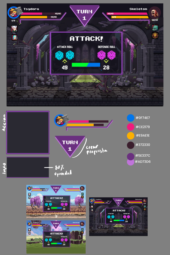 New Combat UI layout instructional concept by Fernanda. Every object depicted (dice, bars, menus, etc.) are placeholders as the final Pixel Art is on the works. April, 2025.